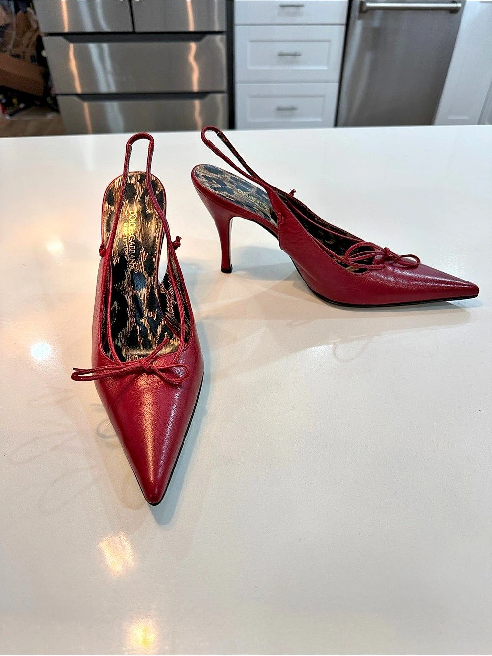 Dolce & Gabbana Red Leather Slingback Bow Pumps with Leopard Lining EU 38 👠 🇮🇹🆕